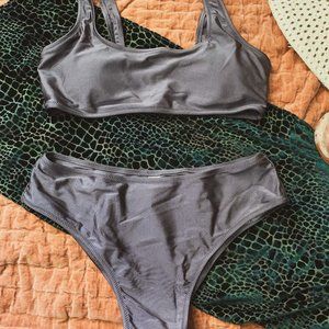 Gray Solid Scoop Neck Bikini